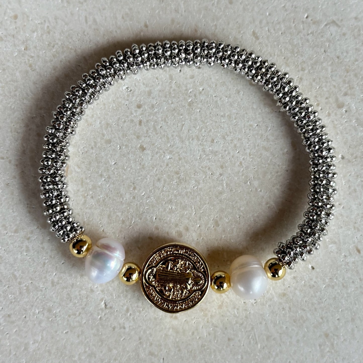 Pulsera rodinada con doble perla de río/san benito