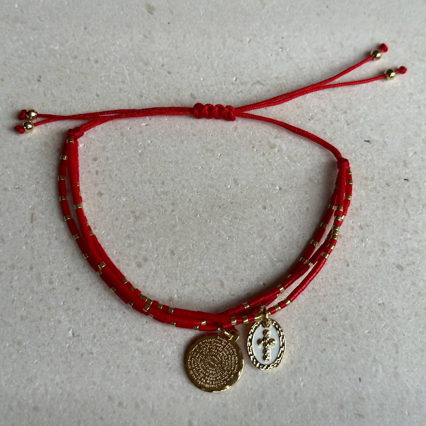 Pulsera protección de miyuki roja/padre nuestro y cruz #2