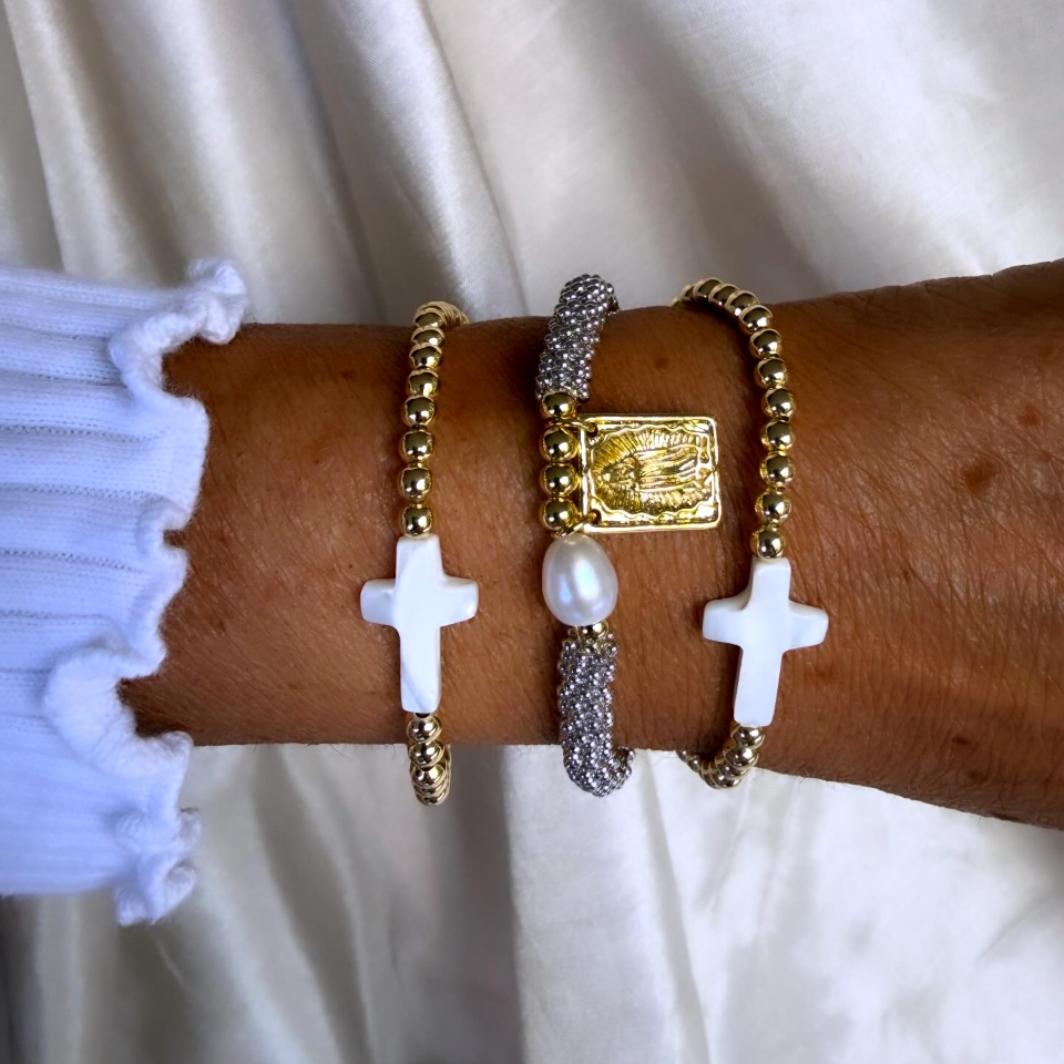 Set Pulseras Cruz Nácar & Rodinada con perla de río/virgen maría