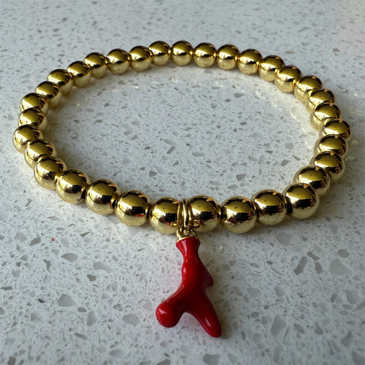 Pulsera de borlas doradas Coral Rojo