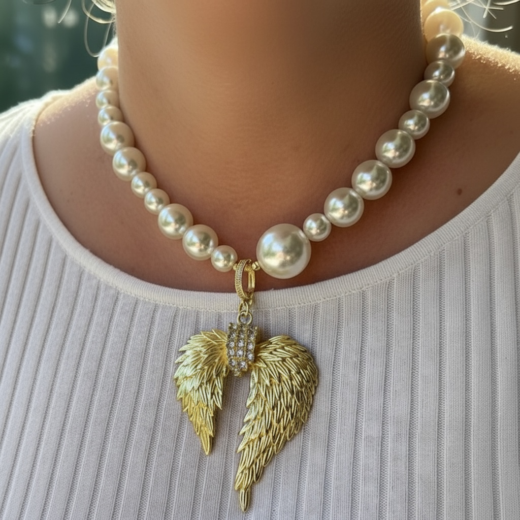 Collar Perla Alas Doradas