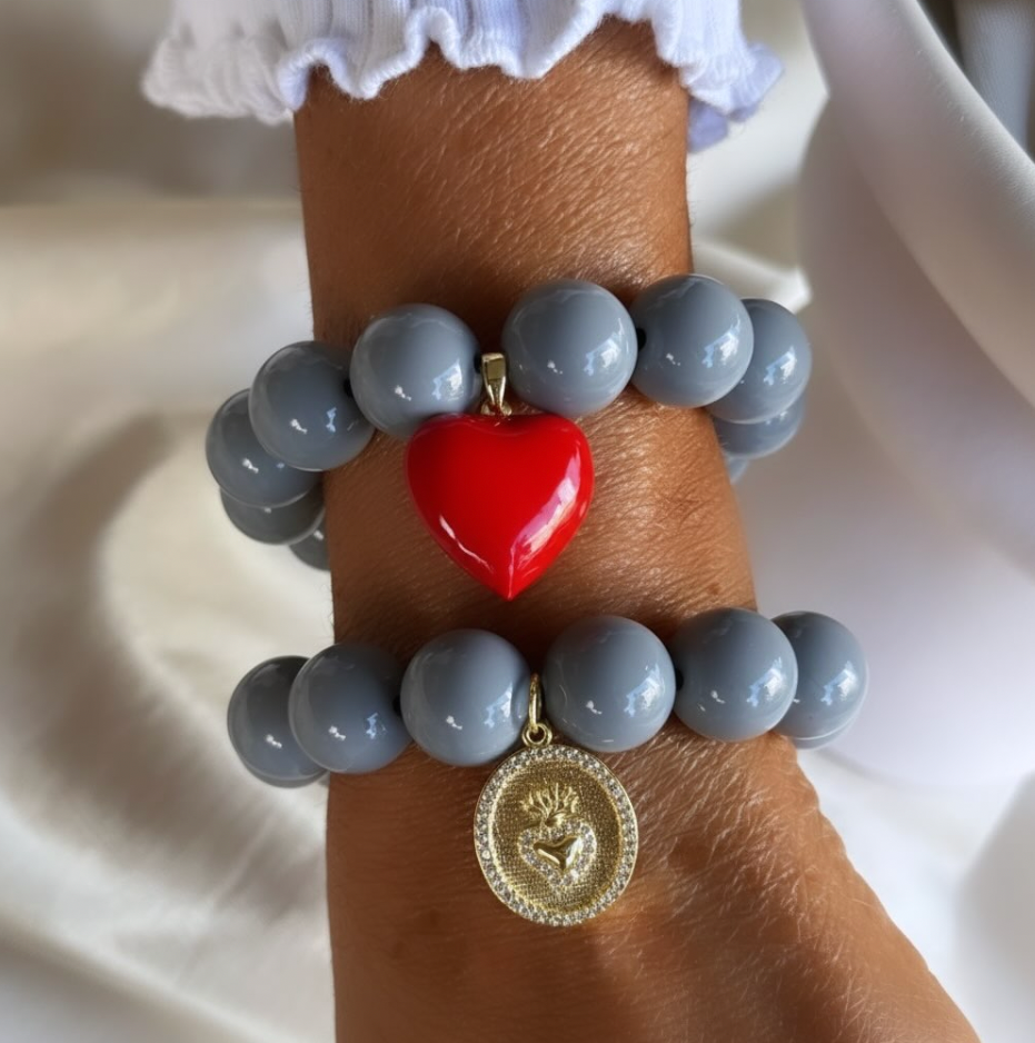 Set Pulseras Corazón/Detente Rojo Gris