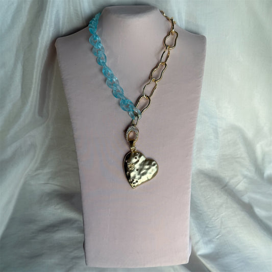 Collar Bicolor Aqua & Dorado / Corazón Martillado