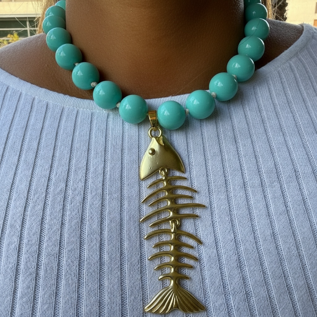 Collar Pez Dorado Turquesa Mateado