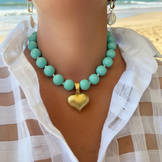 Collar Corazón Turquesa Dorado
