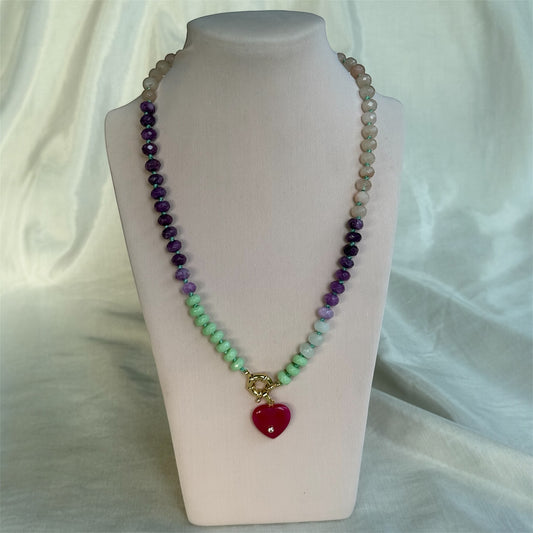 Collar de Piedras Multicolor / Corazón Rojo