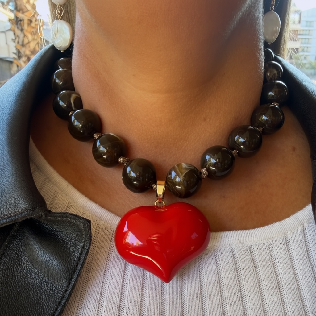 Collar Corazón Rojo & Perlas Café
